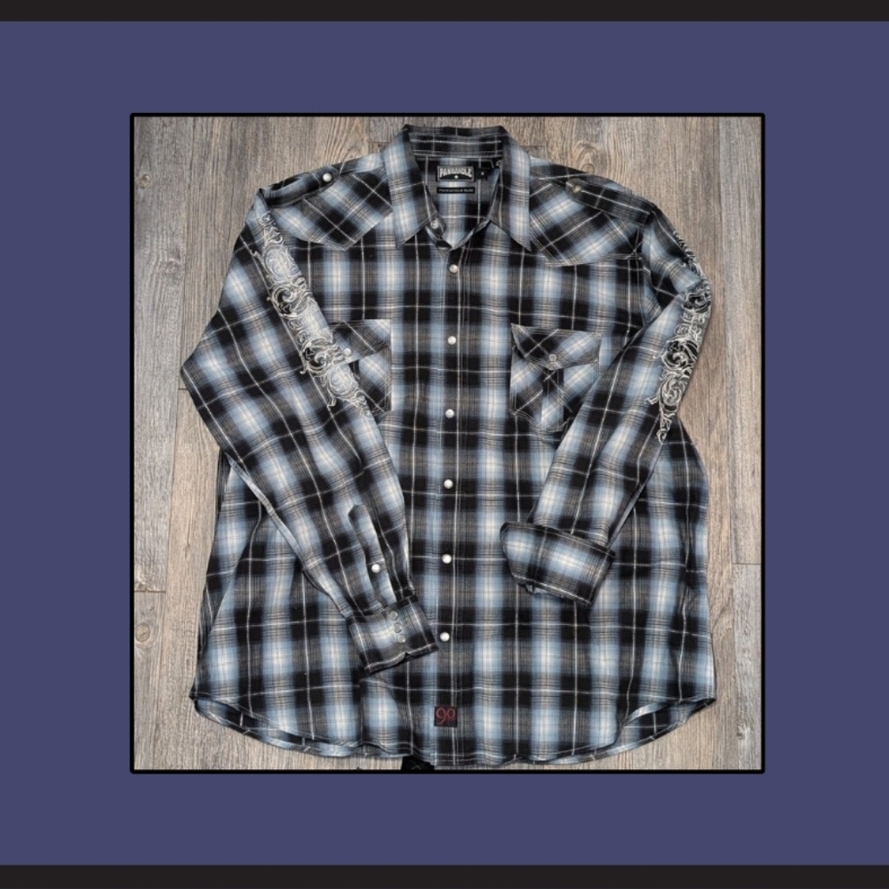 Parmani Embroidered Plaid Western Shirt – Men’s XL, Black/Blue Check